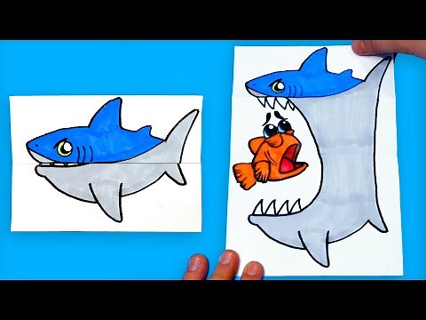 How To Draw a Shark (Folding Surprise Card) - AMAZING PAPER CRAFT and DOODLES for BEGINNERS