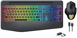 Trueque Wireless Keyboard and Mouse Combo Backlit - 9 Effects, Full-Sized Ergonomic Keyboard with Wrist Rest, Jiggler Mouse, Phone Holder, Rechargeable Silent Light Up Mouse for Computer, Laptop, PC