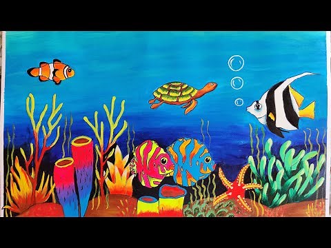 Easy Aquarium painting in acrylic colors. underwater life by 7 year old artist. step by step