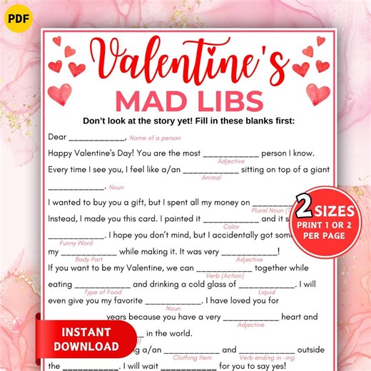 Valentine's Day Mad Libs Game, Printable Games for Kids, Children's Valentines Party Game, Fun Family Activity, Classroom Party Game - Etsy