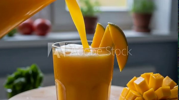 Refreshing mango juice being poured into a glass with fresh fruit garnishing on a table by the window