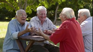 Old people, group of senior men having fun and laughing in park
