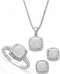 Sterling Silver Jewelry Set, Opal (4-3/4 ct. t.w.) and Diamond Accent Necklace, Earrings and Ring Set - Macy's
