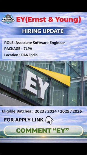 PRIMO_JOBS on Instagram: "🚨 EY (Ernst & Young) Hiring Update Ernst & Young is hiring Associate Software Engineers. 💼 Role: Associate Software Engineer 💰 Package: 7 LPA 📍 Location: PAN India 🎓 Eligible Batches: 2023 / 2024 / 2025 / 2026 Strong consulting brand. Tech + business exposure. Solid early-career growth. 👇 Comment “EY” for details #EY #ErnstAndYoung #HiringUpdate #AssociateSoftwareEngineer #FresherJobs PANIndiaJobs TechCareers"