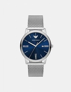 Emporio Armani Three-hand date stainless steel mesh watch in silver | ASOS