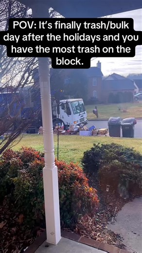 Trash day after the holidays is the best! Now I can see the inside of my garage. #trahday #holidaytrash #menatwork #neighborhood