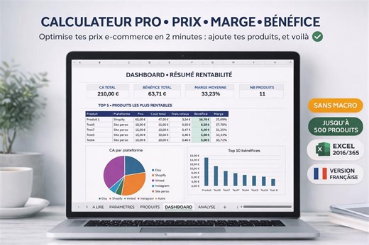 Calculateur Prix de Vente Excel Micro-Entrepreneur | Calcul Marge & Bénéfice Net Automatique | Dashboard Rentabilité Etsy Shopify Vinted - Etsy France