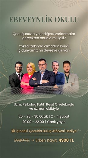 Fatih Reşit Civelekoğlu on Instagram: "🌿 EBEVEYNLİK OKULU Çocuğunuzla yaşadığınız zorlanmalar gerçekten onunla mı ilgili? Yoksa farkında olmadan kendi iç dünyamız mı devreye giriyor? 🎙️ Uzm. Psikolog Fatih Reşit Civelekoğlu ve uzman ekibiyle 📅 26 – 28 – 30 Ocak | 2 – 4 Şubat ⏰ 20.00 – 22.00 💻 Zoom üzerinden canlı yayın Bu eğitimde; Çocuk ve ergen davranışlarının ardındaki psikolojiyi, Disiplin, sınır ve iletişim dengesini, Akran zorbalığı, riskli çevreler ve bağımlılık risklerini, Ergenlikte