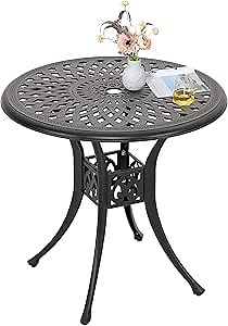 NUU GARDEN 30 Inch Patio Dining Table, Cast Aluminum Round Outdoor Table with Umbrella Hole for Patio, Backyard, Deck-Black