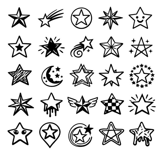 Star SVG Icons Bundle – 25 Unique Black Outline Celestial Shapes, Bold Line Art, White Background, Cricut Silhouette Cut Files