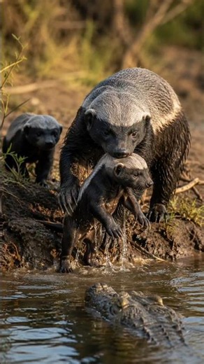Mother Honey Badger Saves Her Curious Cub from Hidden Crocodile | Emotional Wildlife Story