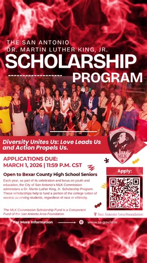 📚✊🏽 Education is a powerful form of justice. As part of its commitment to youth, equity, and education, the City of San Antonio’s MLK Commission awards Dr. Martin Luther King, Jr. Scholarships to deserving Bexar County seniors — helping remove financial barriers and open doors to college opportunities for students of all backgrounds. 🗓 Application Deadline: March 1, 2026 | 11:59 PM CST 🎓 Open to Bexar County High School Seniors SCAN THE QR CODE TO APPLY Step into your future. Apply and carry
