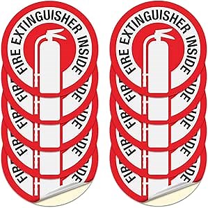 T&R Fire Extinguisher Inside Sign Stickers - 10 Pack - 3" x 3" Self-Adhesive Vinyl Reflective, UV resistant, Waterproof, Fade and Scratch Resistant, Suitable for Vehicles Indoor and Outdoor (RED circle)