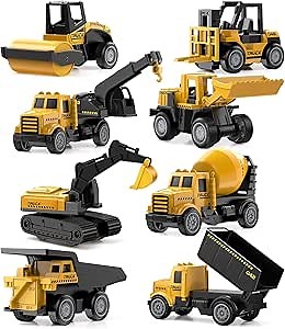 Geyiie 8 Pack Alloy Diecast Construction Vehicle Toy Set, Pull Back Trucks with Excavator Dump Truck Bulldozer Forklift, Durable Gift Toys for Toddlers Kids Boys & Girls