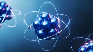 Physics atom with dark blue background, 3d rendering.