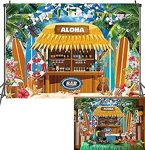 7x5FT Hawaiian Beach Bar Backdrop Summer Tropical Palm Surfboard Seaside Background Beach Bar Scenery Bachelor Birthday Party Photo Booth Props