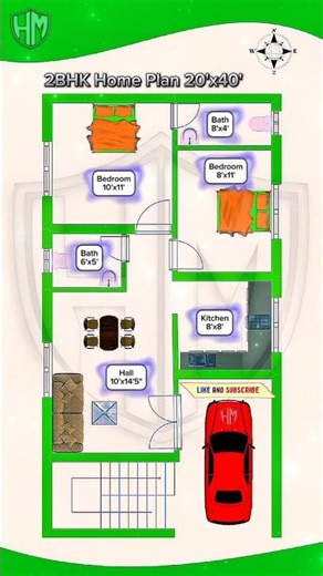 20x40 feet house plan | 800 square feet 2BHK home design
