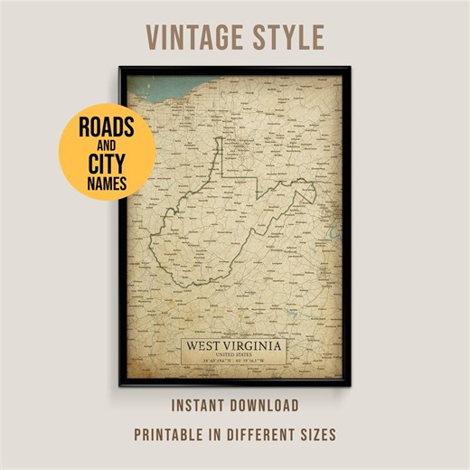 Vintage West Virginia Map Poster, Printable WV Road Map With City Names (instant Download) - Etsy