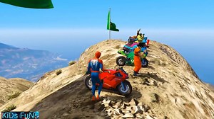Spiderman Motorcycle River Ramp Challenge with Hulk and Goku