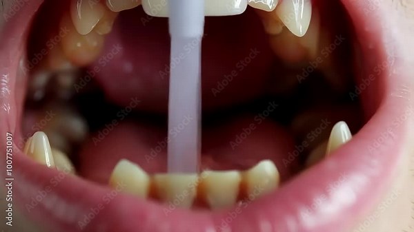 Water Flosser Cleaning Teeth: Inside Mouth View with Open Jaw � 4K 120 FPS Footage