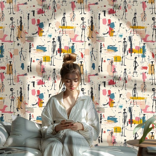 Abstract Figurative Wallpaper: Modern Art Wall Mural With Hand-drawn Figures, Creative Contemporary Decor - BM39 - Etsy