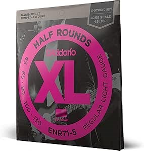 D'Addario XL Half Rounds Bass Guitar Strings - ENR71-5 - 5 String - Long Scale - Regular Light, 45-130