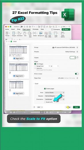 Excel Formatting Tips - Tip 22 - Fit Print on 1 Page in Excel #shorts