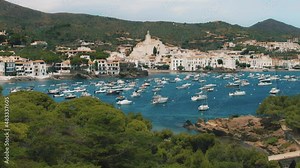 Boats anchored in coastal town of Cadaques. Small village on the Mediterranean.