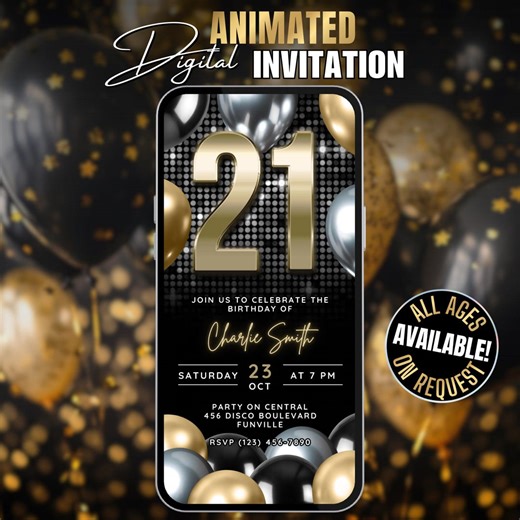 Digital 21st Birthday Party Invitation Animated Canva Template, Personalized Silver Black Gold 21 Birthday Celebration Video Invite Flyer - Etsy