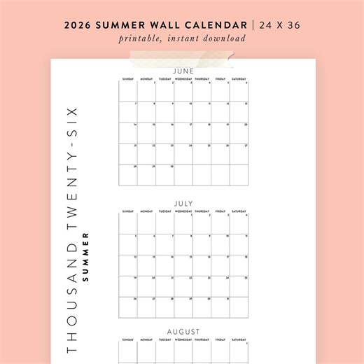 Printable 2026 Summer [june July August] Wall Calendar | 24x36, 18x24, 8.5x11 | 3 Versions | Poster - Etsy