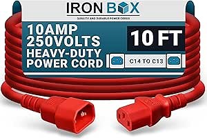 IronBox Electric C14 to C13 Power Cord - 10A/250V, 18/3 AWG SJT - UL Listed IEC Cable & Jumper Cords - Heavy Duty Power Extension Cord for Desktop Computer, Monitor, Projector, PDU & More (10ft, Red)