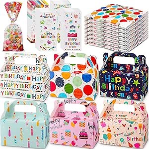 ReliThick 30 Pack Birthday Party Treat Box 6 Inch and 50 Pcs Cellophane Treat Bags with Twist Ties Gable Boxes for Party Favor Supplies Personalized Birthday Goodie Candy Treat Snack Gift Boxes Bags