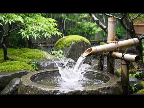 Japanese Bamboo Fountain in the Rain | Relaxing Zen Garden Sounds