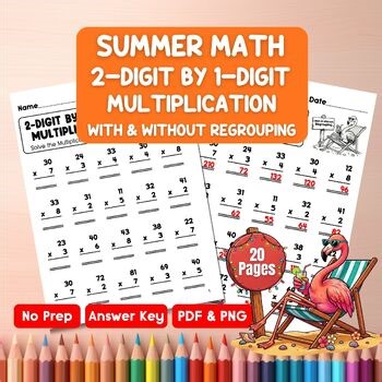 2-Digit by 1-Digit Multiplication Worksheets with & without Regrouping | Summer