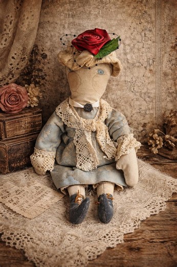 Primitive Cloth Doll: 1890s Inspired Folk Art Rag Doll With Rose Hat - Etsy