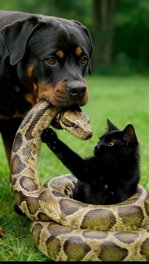 Dog Holds Python in its Mouth While a Kitten is Entwined