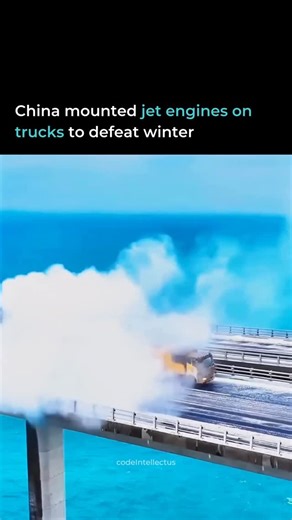 Code Intellectus on Instagram: "Winter in China turns highways into ice sheets. The Qingdao Jiaozhou Bay Bridge faces extreme conditions every year - engineers mounted WP-6 aero-turbine engines directly onto trucks. Same technology that powered China’s J-6 fighter jets, repurposed for winter roads. The turbine blasts superheated exhaust across the bridge surface at extreme temperatures. Within seconds, a 20-meter-wide path is clear and dry. The truck moves at 20 km/h, systematically clearing the