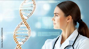 Woman scientist using AI assistant to analyze complex genetic codes with glowing data screens