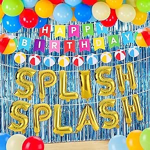 54Pcs Pool Party Decorations Splish Splash Beach Birthday Party Decorations Summer Luau Tropical Beach Pool Decorations Blue Foil Fringe Curtains Colorful Balloons Backdrop for Summer Party