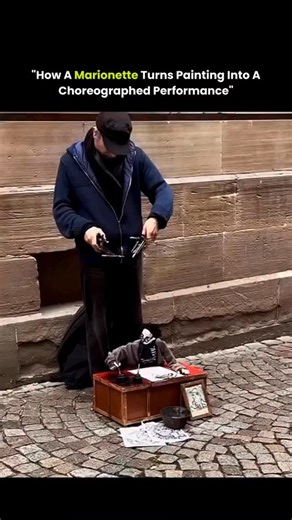 Explaining on Instagram: "Creating art with marionettes turns painting into a live performance rather than a direct act of drawing. Instead of holding a brush by hand, the artist controls a string-operated puppet from above, with brushes, ink pads, or sponges attached to the marionette’s limbs. Every movement of the control bar transfers motion through the strings, guiding how the puppet touches the canvas. Gravity plays a key role here. The weight of the marionette’s arms, legs, and joints caus