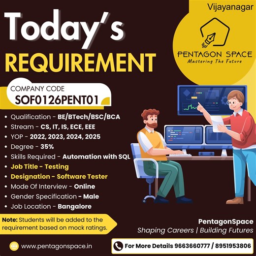 Pentagon Space on Instagram: "📢 Hiring Alert – Software Testing! Great opportunity for aspiring Software Testers with Automation + SQL skills 🔍 Open for BE/BTech/BSc/BCA graduates (2022–2025) 📍 Location: Bangalore 🎯 Interview Mode: Online ⭐ Candidates shortlisted based on mock ratings 📞 Connect with us today to get started! . . . #SoftwareTesting #TestingJobs #AutomationTesting #SQLSkills #FreshersJobs #BangaloreHiring #OnlineInterview #PentagonSpace #ITJobs #CareerOpportunity #TechCareers