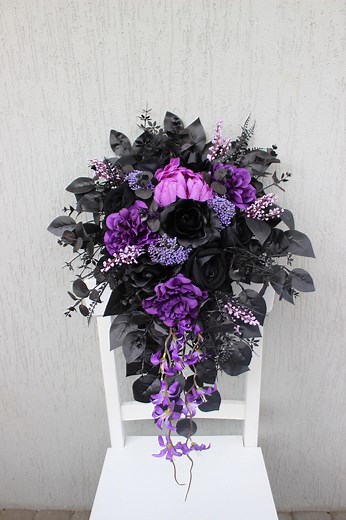 Purple Black Wedding Bouquet, Cascading Bridal Bouquet, Dark Bouquet, Gothic Wedding Decor, Silk Flower Bouquet - Etsy