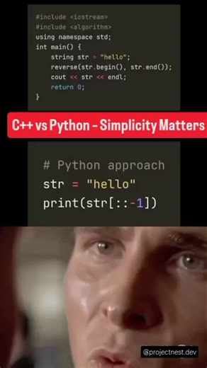 DevlopwithGaurav on Instagram: "C++: Include libraries, call reverse(), manage iterators. Python: str[::-1] ✔️ Same result. Different mindset. Which side are you on? 👀 . . #Python #Cpp #ProgrammingLife #CodeNewbie #DeveloperLife CodingCommunity LearnToCode PythonProgramming ProgrammerHumor TechReels CodeDaily SoftwareEngineer 100DaysOfCode"