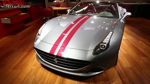#GIMS #Live. This #Ferrari #CaliforniaT #TailorMade features a Grigio Scuro livery and a deep red transverse racing stripe with a Heritage Bordeaux leather interior. http://auto.ferrari.com/en_EN/sports-cars-models/car-range/california-t/ | Ferrari