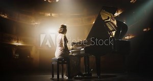 On a Bright Opera House Stage, Female Pianist Delivering an Emotional Piano Recital. Each Note Resounds Through the Concert Hall, Holding the Excited Audience Spellbound. View From the Back