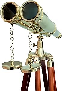 Generic Real Nautical Store 18"" Binoculars with Wooden Tripod Stand Outdoor Bird Watching Travel Hunting Shiny Brass Binocular