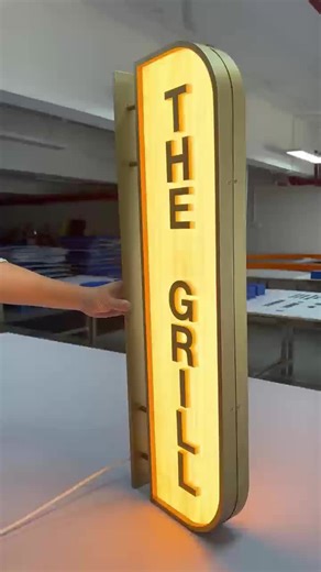 @Sunsign_Amy on Instagram: "✨ Double-Sided LED Blade Light Box | Stainless Steel Frame | Acrylic Face ✨ This double-sided acrylic blade light box features waterproof LED lighting on both sides for clear visibility. Built with a gold-painted stainless steel frame and wall-mounted base, it’s finished with wood-grain acrylic panels and raised 3D gold acrylic letters, delivering a warm, premium look with strong depth. Materials & Structure: 🟢 Gold-painted stainless steel frame & base 🟢 Acrylic fac