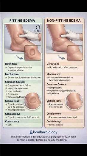 pitting edema and non-pitting edema, two types of swelling caused by fluid buildup in tissues.
