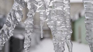 Close up for icicles with crystal texture on winter background. Stock footage. Water drops falling from clear stalactites while melting process.