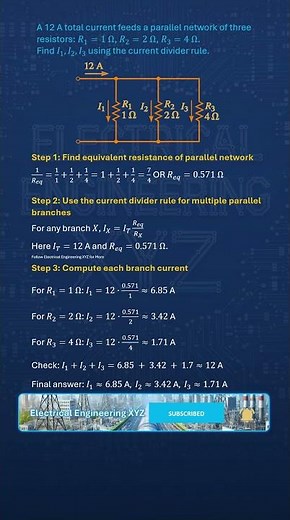 #CurrentDivider Rule with 12 A source and 3 Resistors 1, 2, and 4 ohms